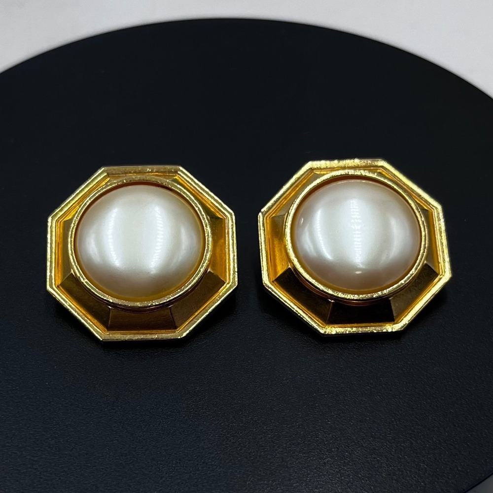 Yves Saint Laurent YSL
Vintage Signed Octagon Faux Pearl Gold Clip-On Earrings